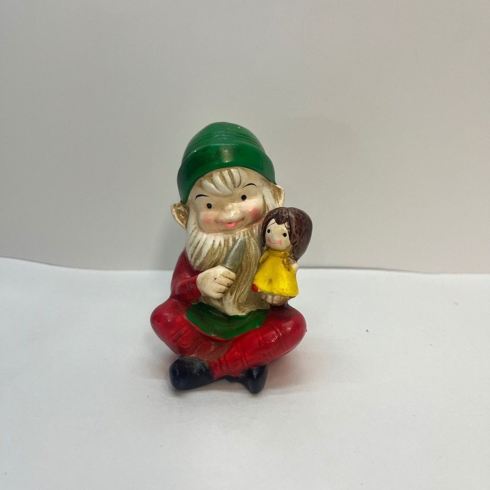 Vintage Ceramic Gnome Figurine Seated Elf with Doll Red Green 5205 4 Inch